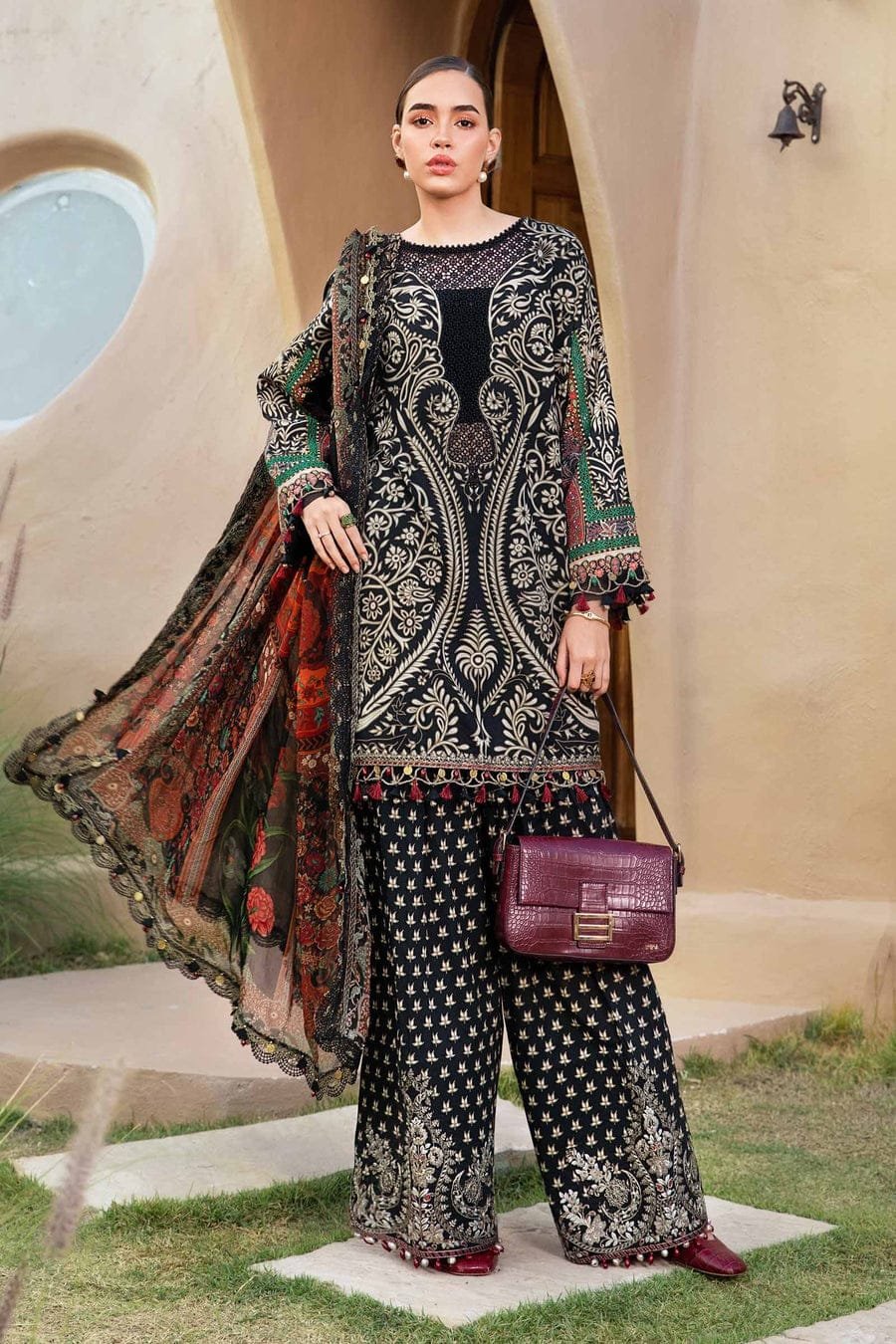 MB-466 Unstitched Digital Printed Lawn Suit 3pc With Voil Lawn Digital Printed Dupatta & Embroidered Patches