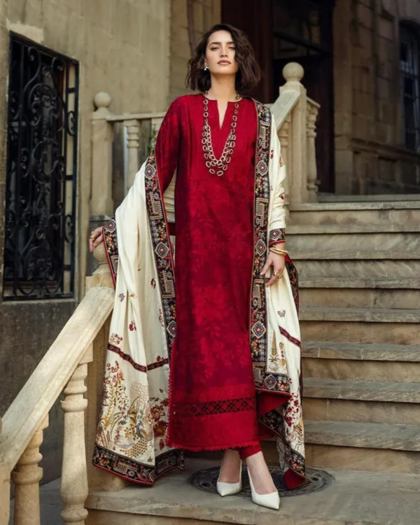 MQ-560 Unstitched Dhanak Stuff Full Embroidered Suit With Full Embroidered Shawl With Extra Patches