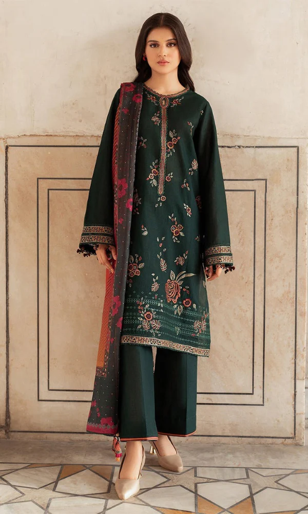 Unstitched Dhanak Stuff Full Embroidered Suit With Printed Wool Shawl