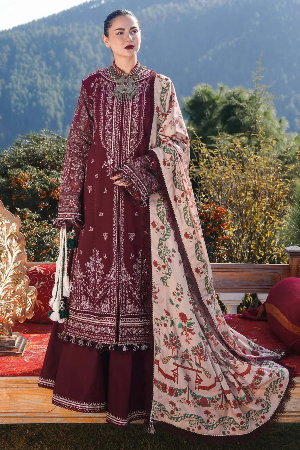 HR-890 Unstitched Heavy Embroidered Dhanak Suit With Embroidered Dhanak Shawl