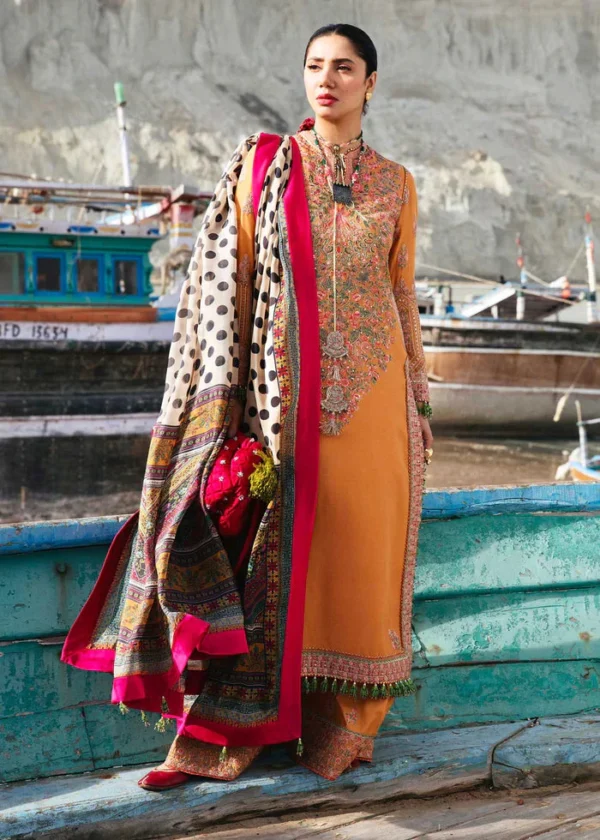 Unstitched Dhanak Stuff Full Embroidered Suit With Digital Printed Wool Shawl