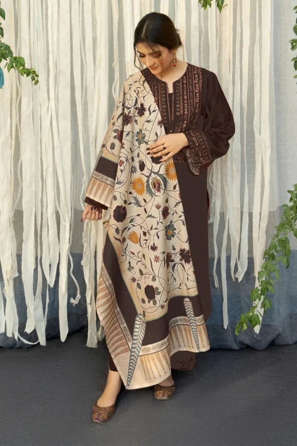 3 Piece – Unstitched Dhanak Stuff Full Embroidered Suit With Printed Wool Shawl
