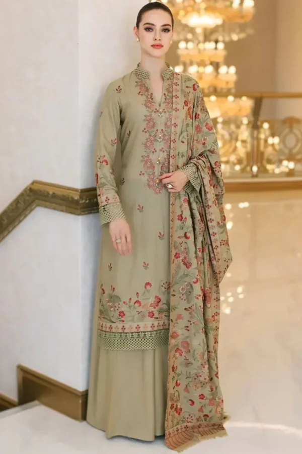 BR-955 Unstitched Embroidered Dhanak Wool Suit With Embroidered Dhanak Shawl