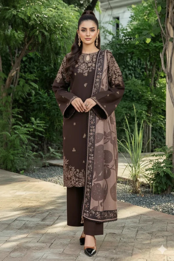 Unstitched Heavy Embroidered Dhanak Suit ( Printed Woolen Shawl )