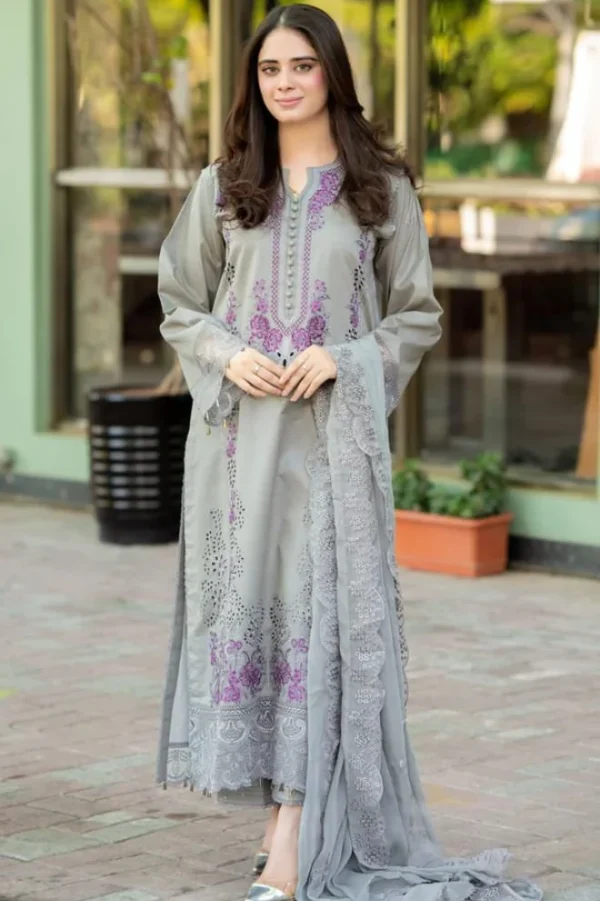MS-840 Unstitched Fully Embroidered Lawn Suit With Bamber Embroidered Dupatta