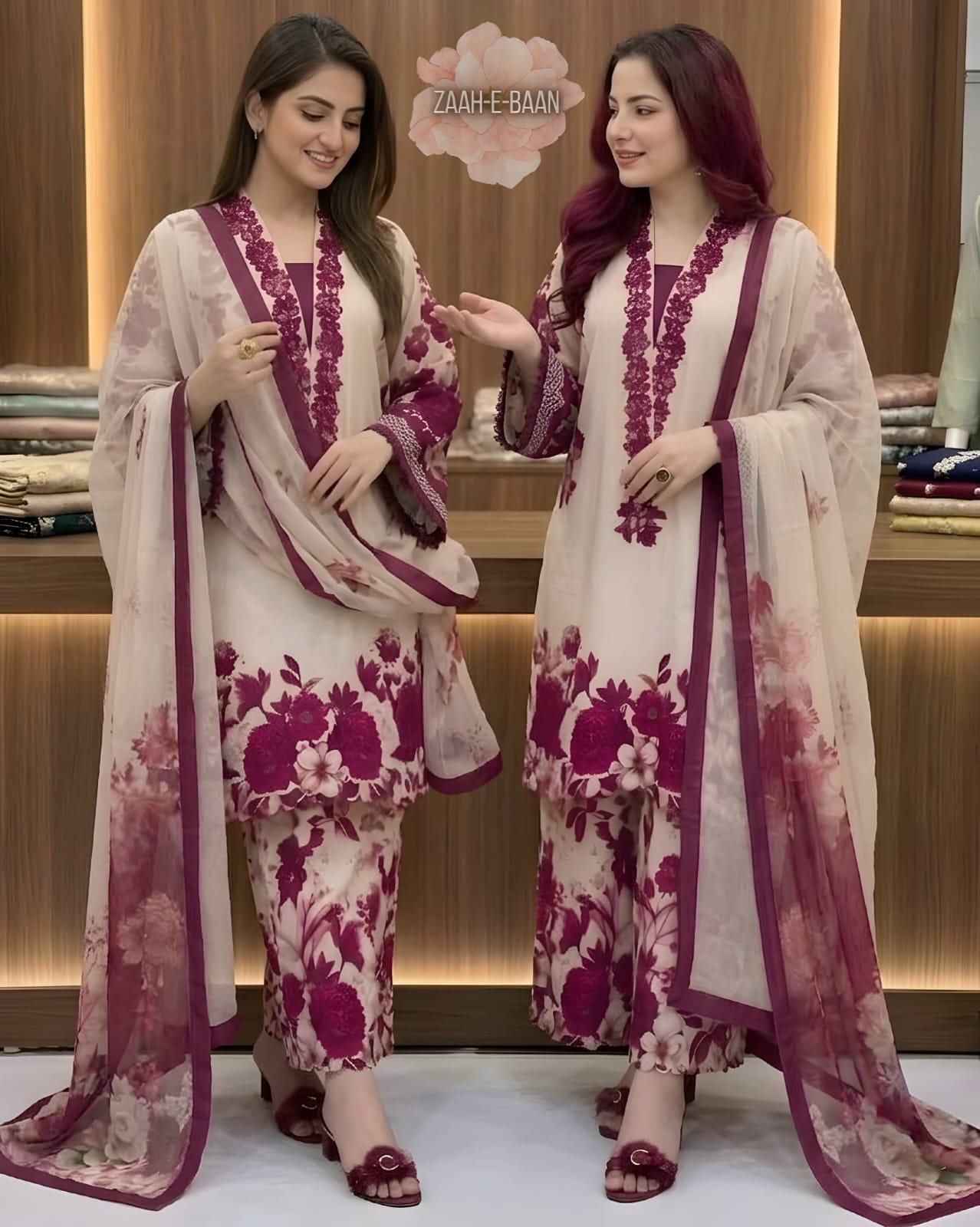 ZB-203 3 Piece – Unstitched Printed Lawn Shirt With Patches With Printed Lawn Dupatta