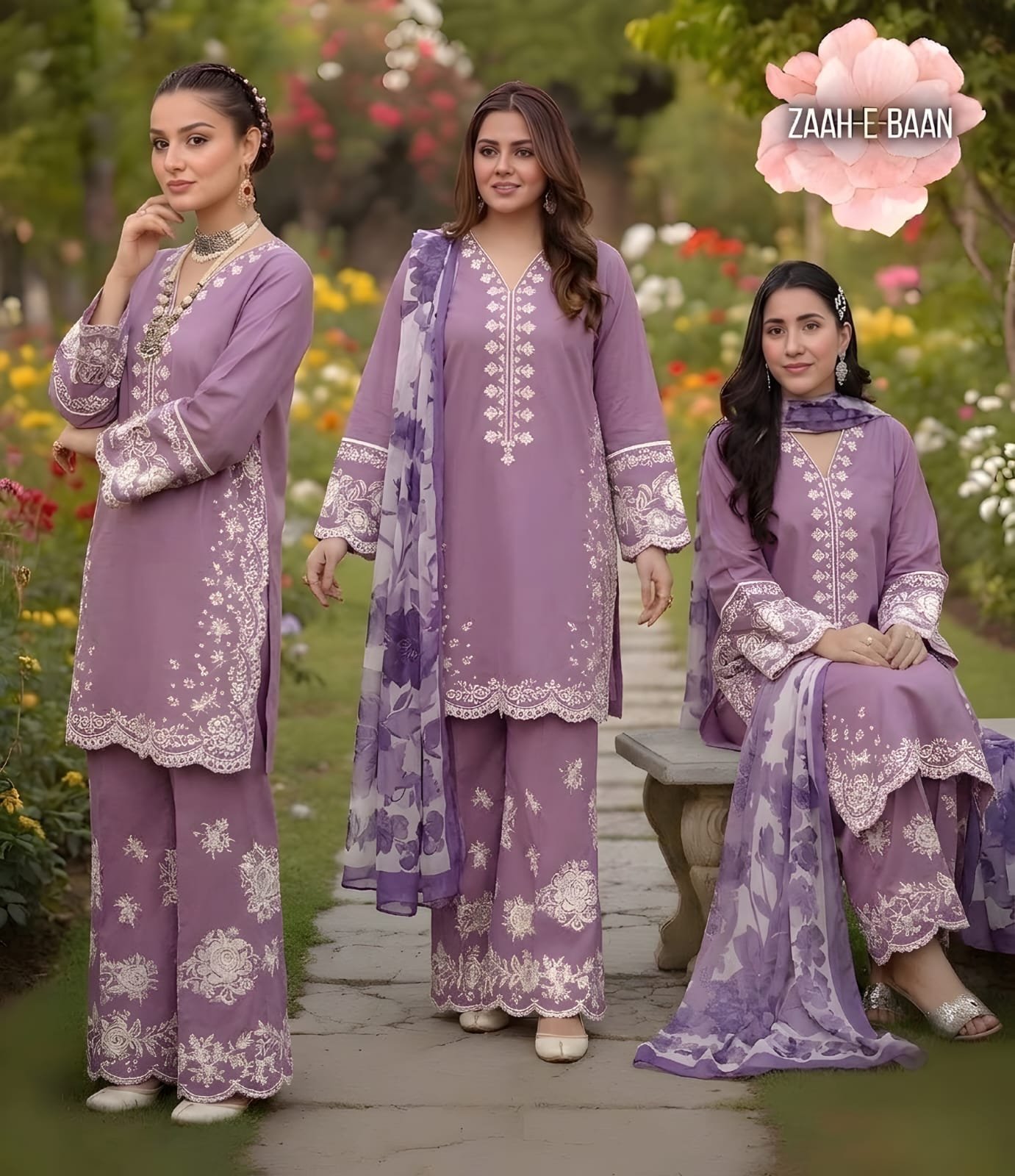 ZB-44 Unstitched Embroidered Lawn Suit 3pc With Digital Printed Monar Slub Dupatta